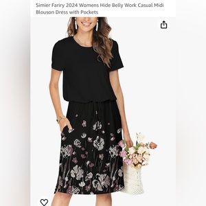 XL Work Casual Midi Blouson Dress with Pockets